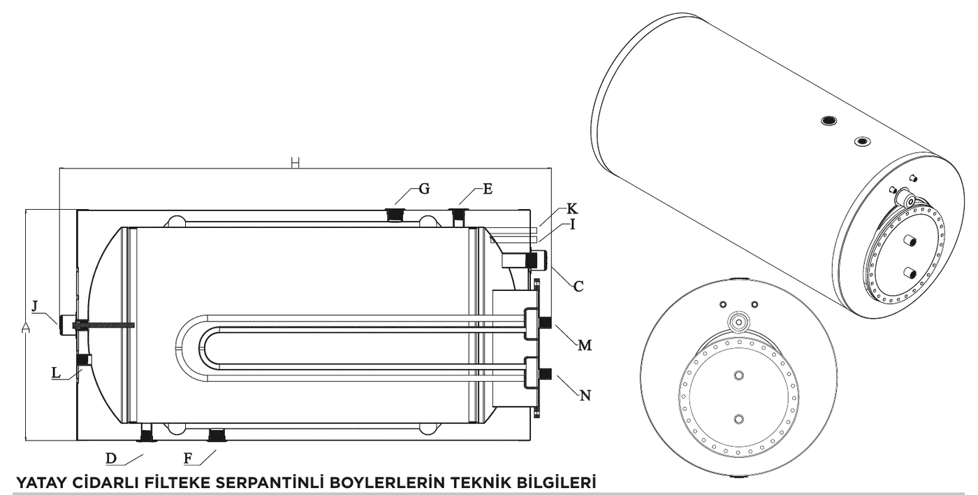 Yatay Cidarlı Fırkete Serpantinli Boyler — Teknik Çizim