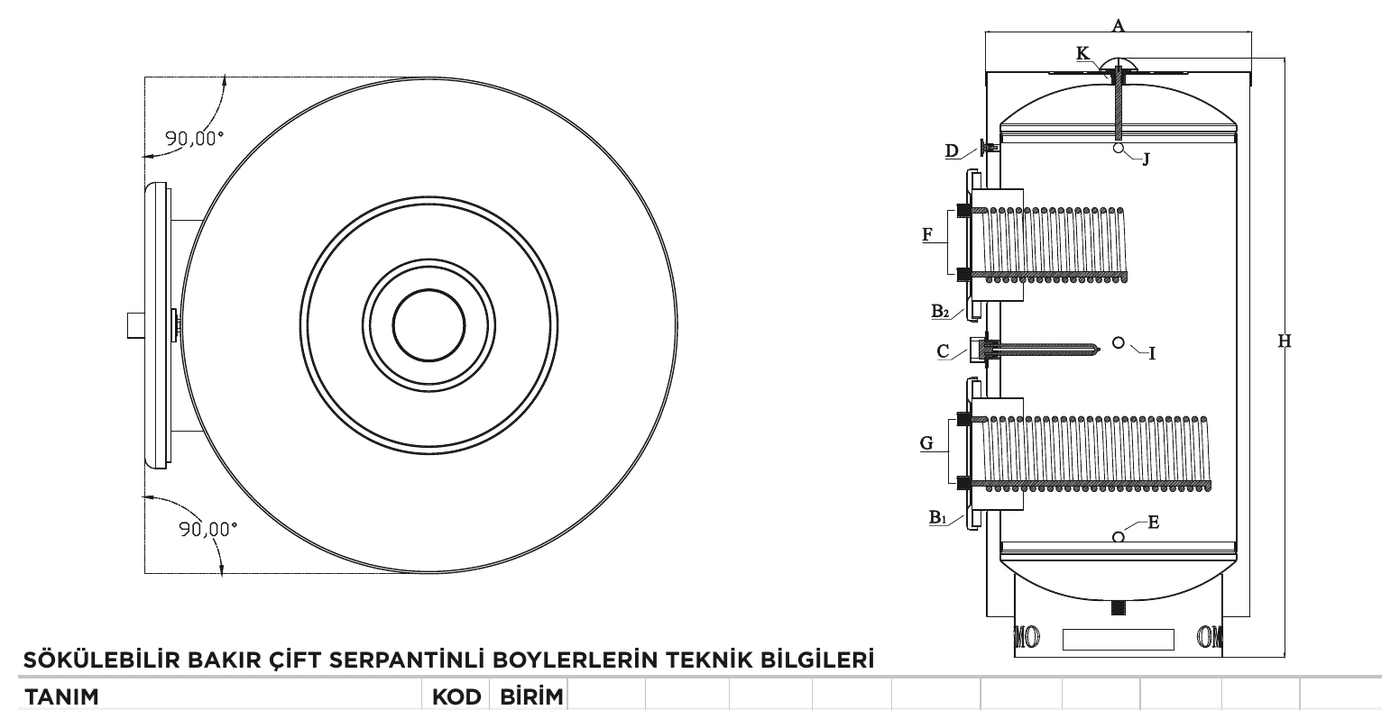 Removable Copper Double Coil Boiler — Technical Drawing