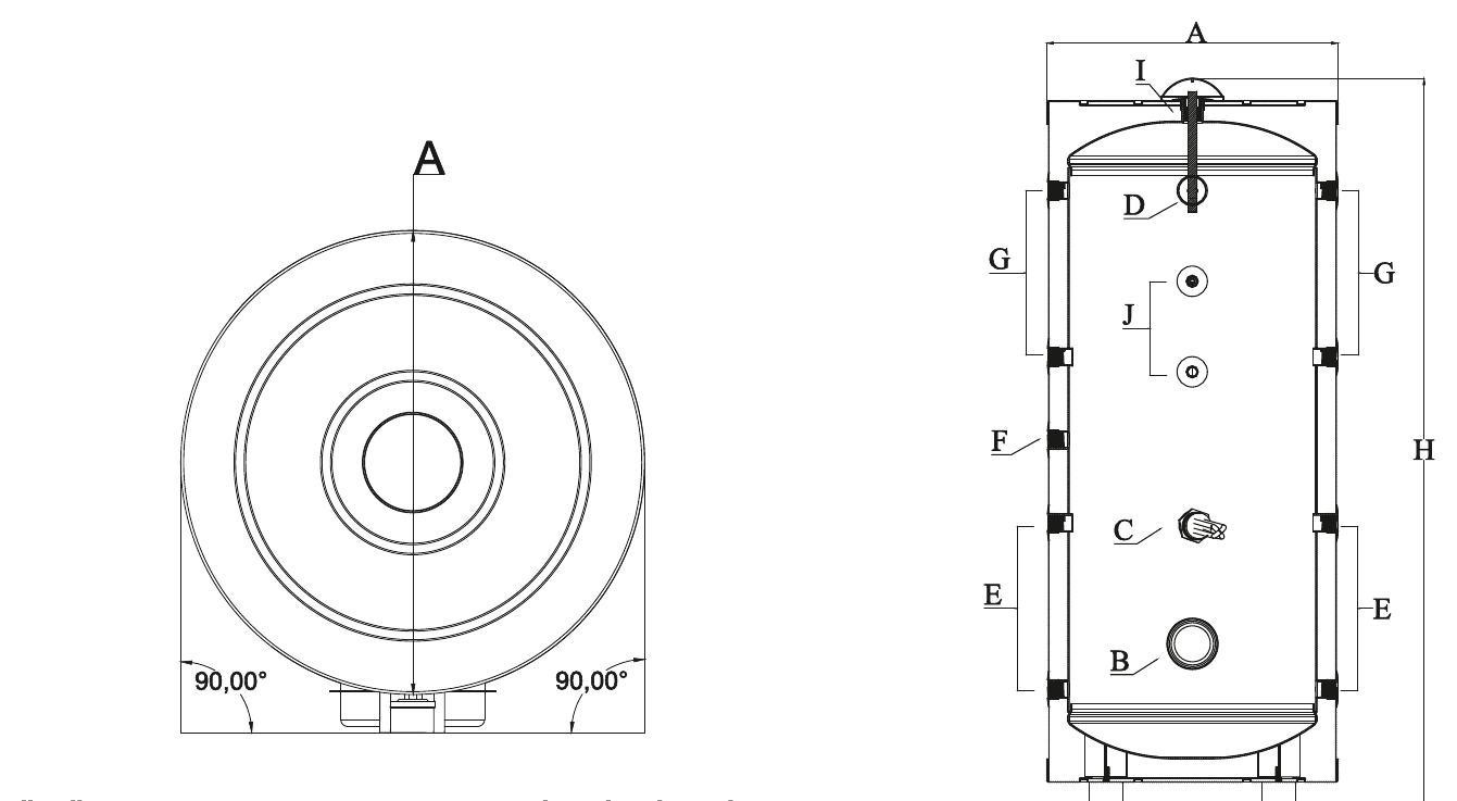 Technical dimension and connection diagram of an accumulation tank