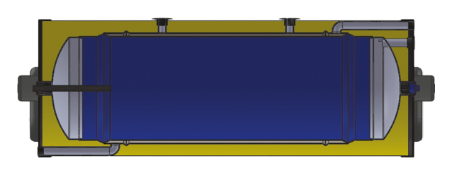 Solar boiler cutaway showing solar coil, backup electric element, and insulation layers
